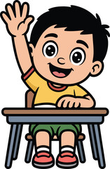 Boy Raising Hand in Classroom Color Vector Illustration