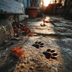Cat paw marks scattered leaves high resolution picture