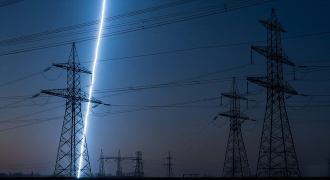 High Voltage Lightning Strike: Electrical Storm Hitting Power Transmission Lines