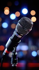 Microphone on Stage with American Flag and Bokeh Lights Background