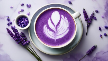 minimalist flat lay with violet ube latte