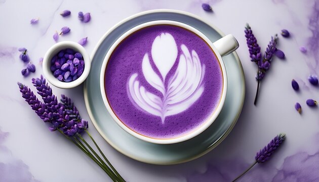 minimalist flat lay with violet ube latte