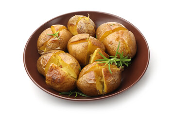 Tasty baked potatoes with rosemary isolated on white