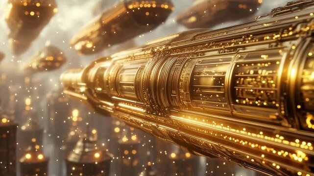 Epic sci-fi video footage shows a detailed golden steampunk starship flying through a futuristic fleet above an alien city background.