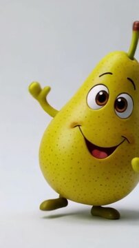 Eine gr&uuml;ne Birne mit schiefem Grinsen, gro&szlig;en Comic-Augen und schwingenden Armen, dargestellt als lustige Comicfigur auf wei&szlig;em Hintergrund.