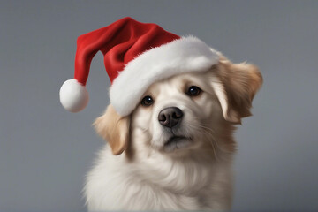 A charming illustration of a cute dog wearing a Christmas hat. Generative AI