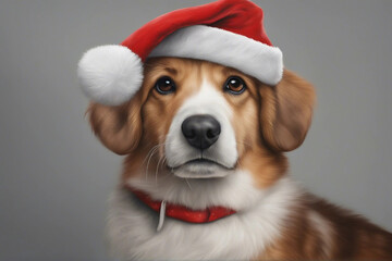 A charming illustration of a cute dog wearing a Christmas hat. Generative AI