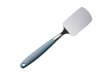 A light gray spatula with a muted teal handle.  The spatula's blade is flat and rectangular.  It has a smooth, modern design