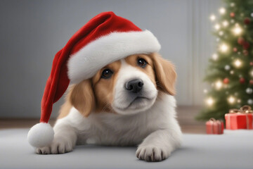 A charming illustration of a cute dog wearing a Christmas hat. Generative AI