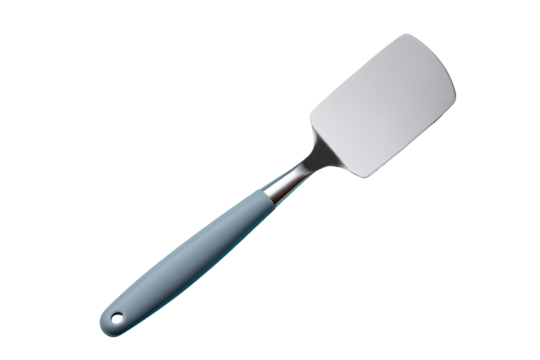 A light gray spatula with a muted teal handle.  The spatula's blade is flat and rectangular.  It has a smooth, modern design