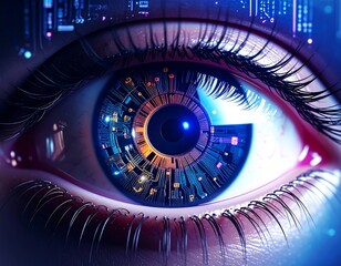 Close-up of a futuristic eye with circuit patterns