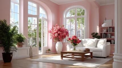 Elegant Pink Living Room with White Sofa, Flowers and Natural Light
