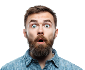 Surprised bearded man with open mouth and wide eyes, isolated on black.