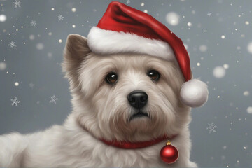 A charming illustration of a cute dog wearing a Christmas hat. Generative AI