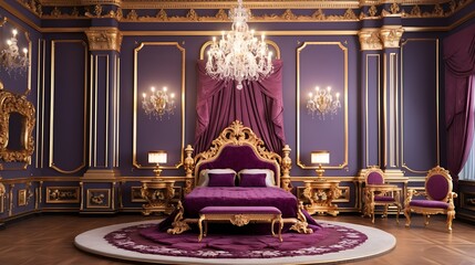 Regal bedroom with a king-sized purple velvet bed, gold-trimmed headboard, and a massive crystal chandelier suspended from a ceiling with ornate moldings.
