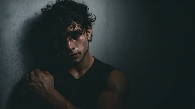 A young man with wet curly hair leans against a textured wall deeply engrossed in a moment of pensive reflection and personal struggle