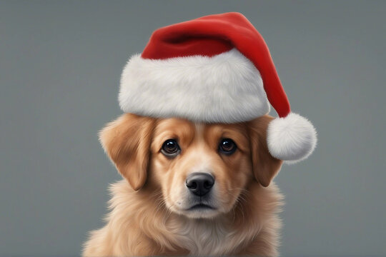 A charming illustration of a cute dog wearing a Christmas hat. Generative AI