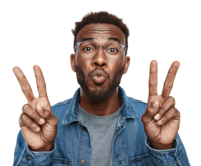 Happy man showing peace sign