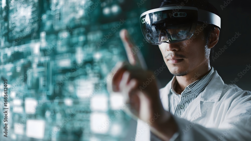 Poster professional wearing an augmented reality headset interacts with a futuristic digital interface show