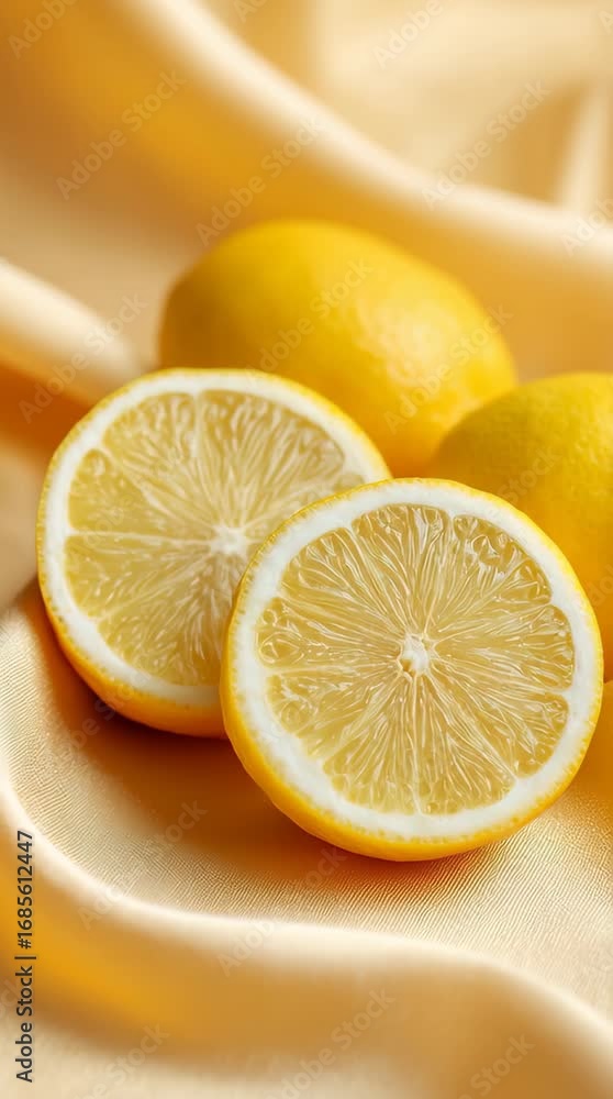 Poster fresh lemon slices on soft fabric background with warm yellow tones for culinary and beverage use