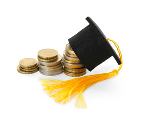 Scholarship. Graduate hat with stacked coins on white background