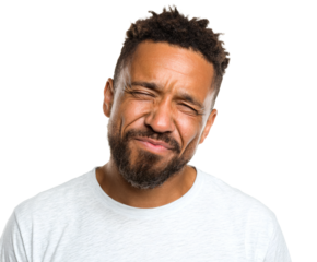 Close-up portrait of an african american man showing an unhappy facial expression.