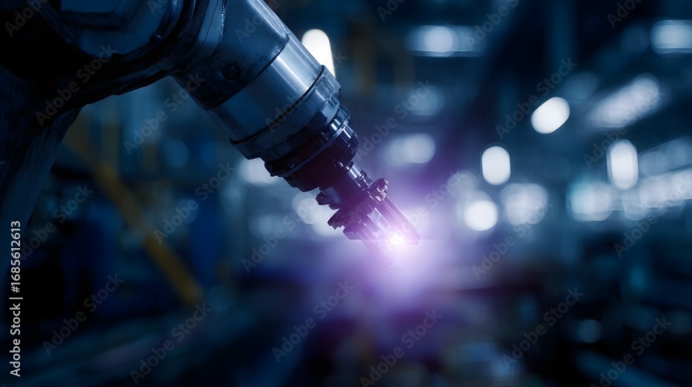 Aufkleber robotic arm performing a precision task with a glowing light in a modern dark industrial factory set