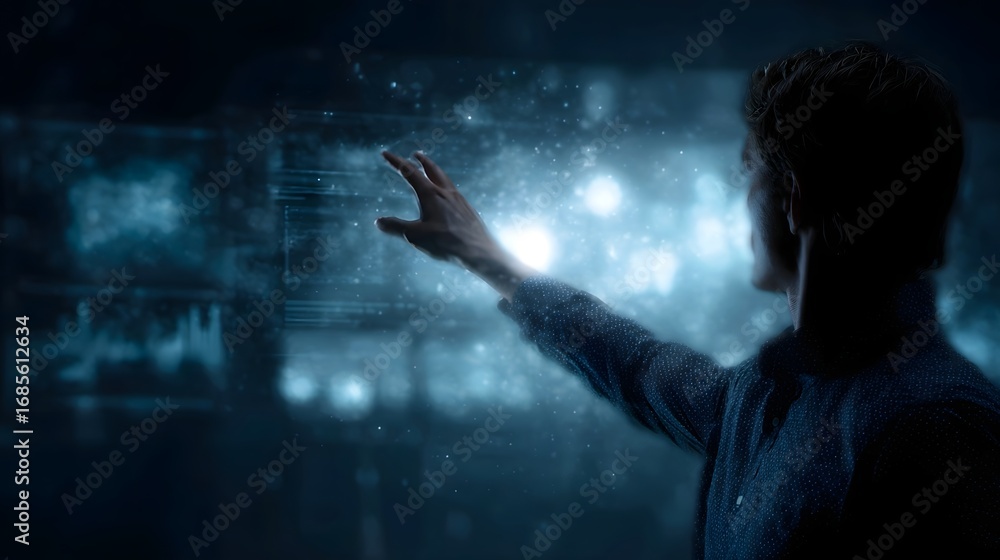 Poster man interacting with a futuristic digital interface displaying abstract data and holographic element