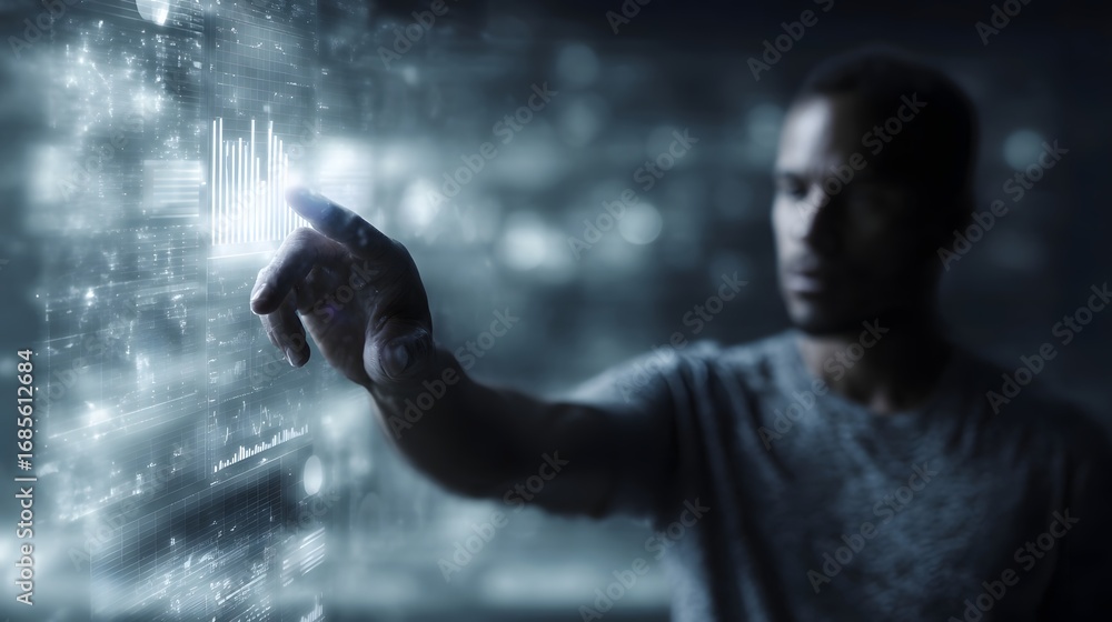 Poster man s hand interacting with a glowing futuristic digital interface displaying business data and anal