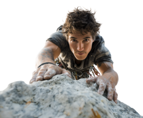 Male rock climber ascending a challenging cliff face.