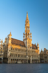 Town Hall and Empty Grand Place at Sunrise. City of Brussels, Belgium