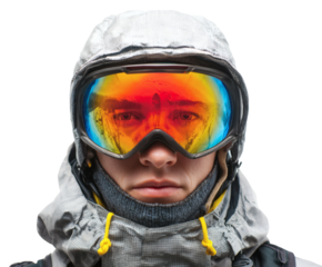 A close-up portrait of a person wearing ski goggles and winter apparel.