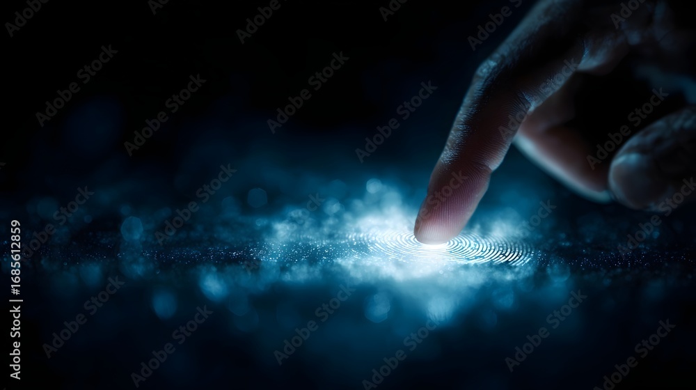 Aufkleber finger touches a glowing digital interface illuminating an abstract biometric pattern on a dark back