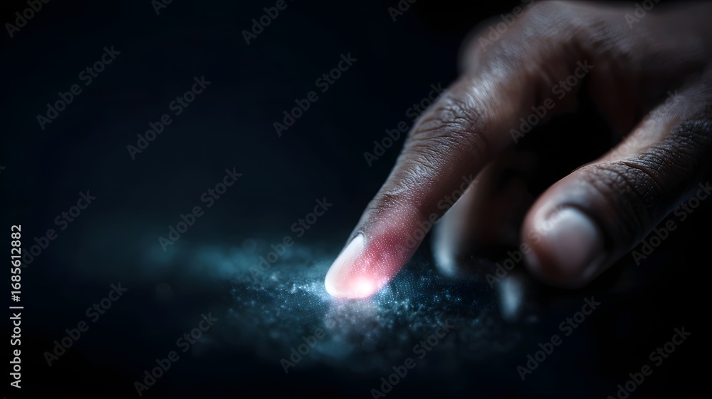 Poster close up of a human finger touching a glowing digital interface indicating a futuristic biometric sc