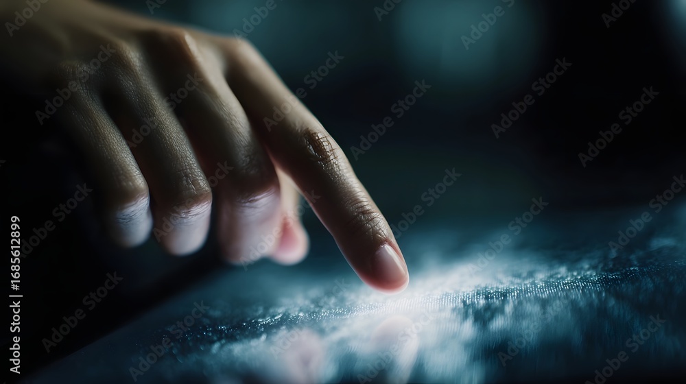 Poster a human hand gently touches a glowing digital interface highlighting futuristic technology and secur