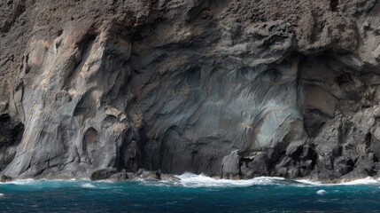 Obraz premium Expansive rocky shoreline with crashing waves, varied rock sizes silhouetted against clear blue sea,