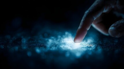 Finger touches a glowing digital interface illuminating an abstract biometric pattern on a dark background representing secure data and futuristic