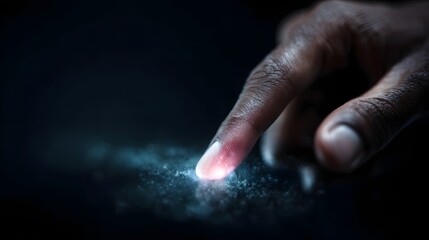 Close up of a human finger touching a glowing digital interface indicating a futuristic biometric scan or secure technology interaction