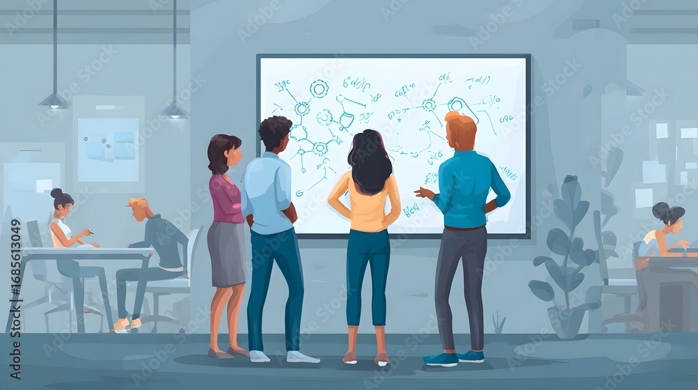 Poster a team of diverse professionals discusses a complex technology diagram on a whiteboard collaborating