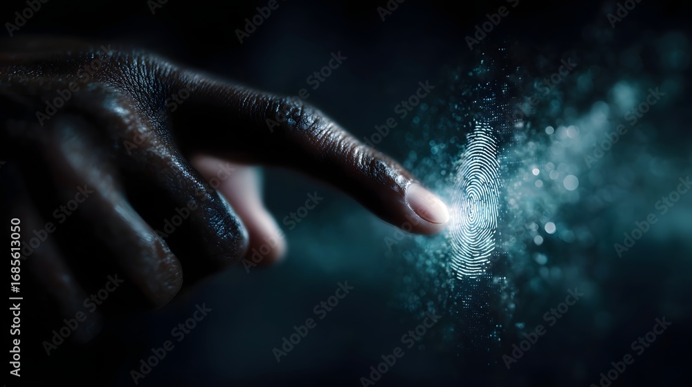 Poster a close up of a human hand touching a futuristic glowing digital biometric fingerprint scanner repre
