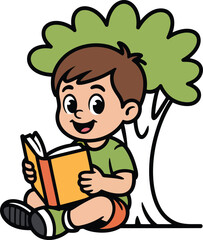Cartoon Boy Reading Book Under Tree in Nature Illustration Art for Children's Books