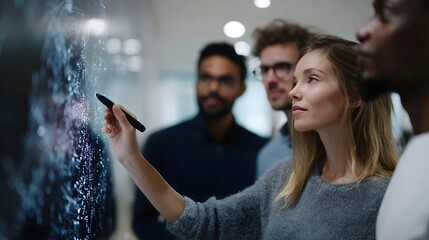 Diverse team collaborating on a digital screen brainstorming innovative ideas and analyzing complex data in a modern office environment