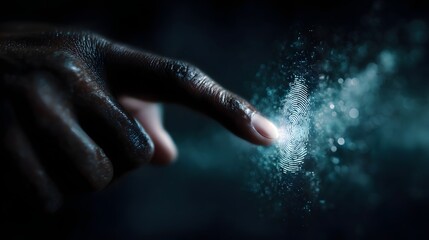 A close up of a human hand touching a futuristic glowing digital biometric fingerprint scanner representing secure access and advanced technology