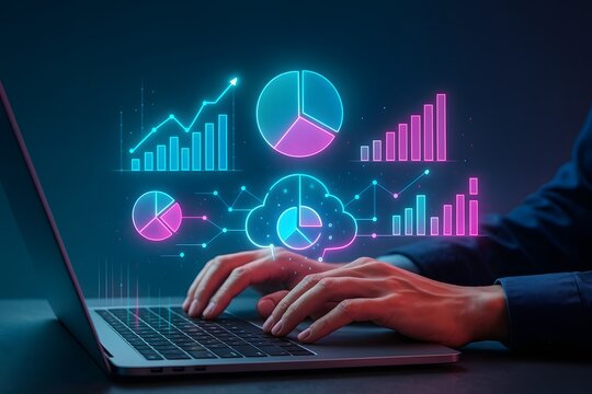 Laptop with neon cloud analytics dashboard, pie charts and bar graphs in cyan and magenta glow, data visualization for business intelligence reports, apps, and presentations.
