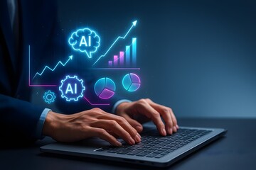 Business professional typing on laptop with neon AI icons and rising analytics, blue and magenta charts, dramatic studio lighting, representing artificial intelligence growth, smarter decisions