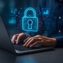 Hands typing on a laptop with a glowing padlock hologram, neon blue circuitry and analytics icons, dark studio lighting, depicting cybersecurity, encryption, and secure access for corporate technology