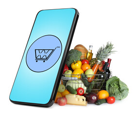 Food delivery app. Shopping basket with groceries and mobile phone on white background