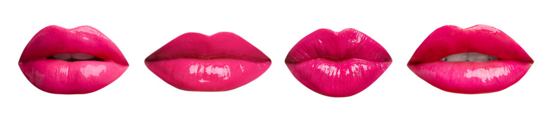 Female lips with bright pink lipstick isolated on white, collage