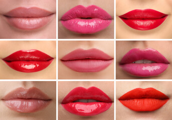 Obraz premium Women's lips with lipsticks of different shades, collage