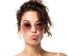 Young woman with sunglasses blowing a kiss, looking stylish and happy.